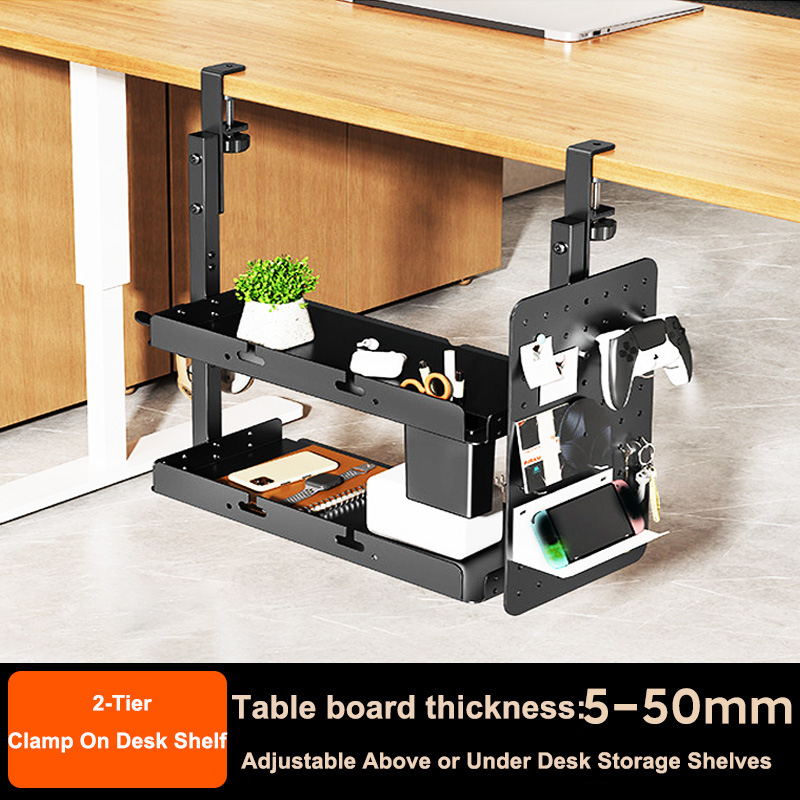 Gaming Accessories Table - クランプ式14インチデスク上・下2段棚ユニット、テーブルアクセサリー、ゲーム機器、その他の収納トレイ、デスクトップオーガナイザー